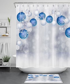 Merry Blue Christmas Xmas Ball Snowflake Bathroom Shower Curtain