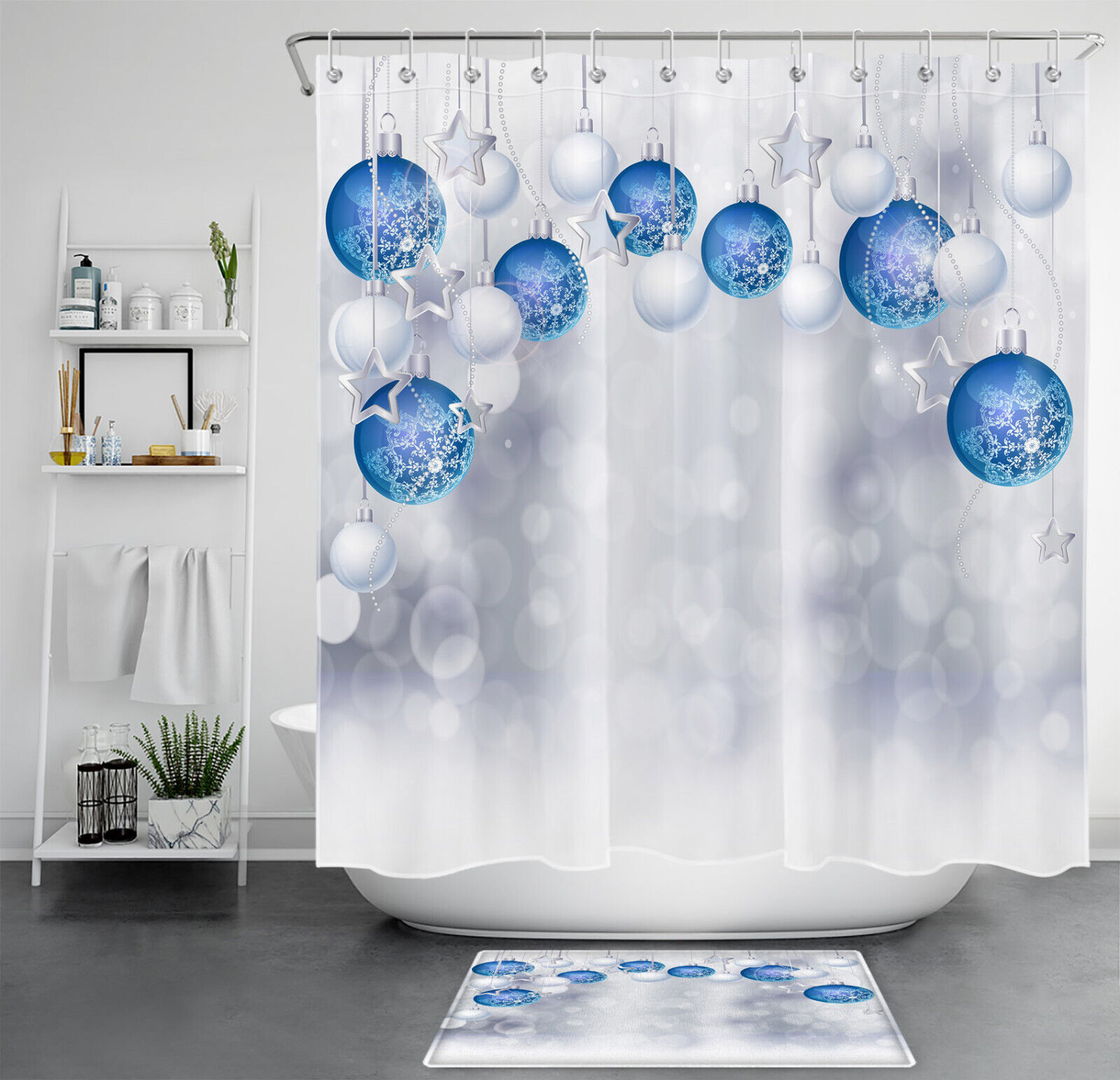 Merry Blue Christmas Xmas Ball Snowflake Bathroom Shower Curtain