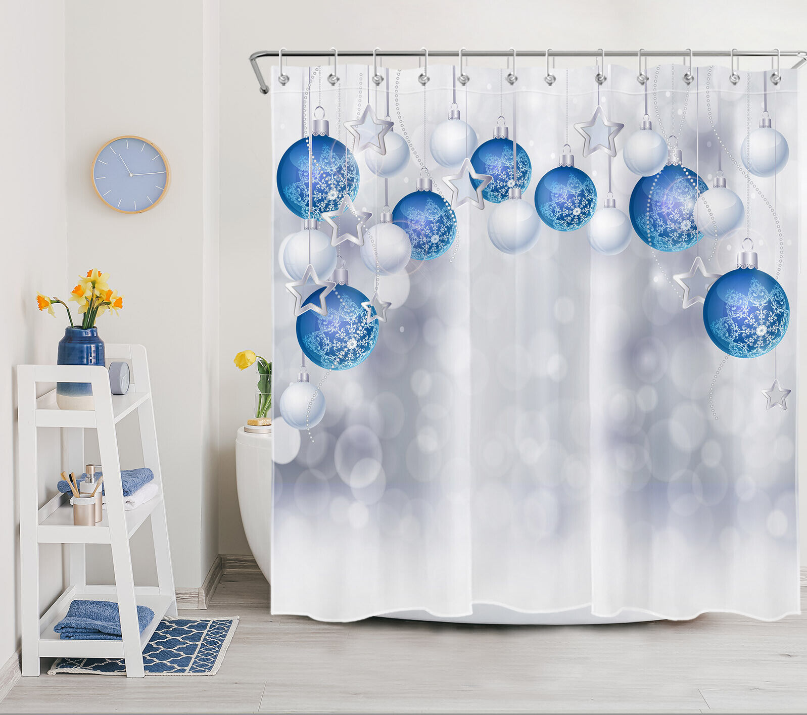 Merry Blue Christmas Xmas Ball Snowflake Bathroom Shower Curtain - Image 2