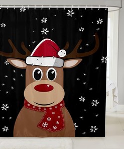 Merry Christmas Cartoon Cute Deer Elk Moose Shower Curtain With Snowflake Print