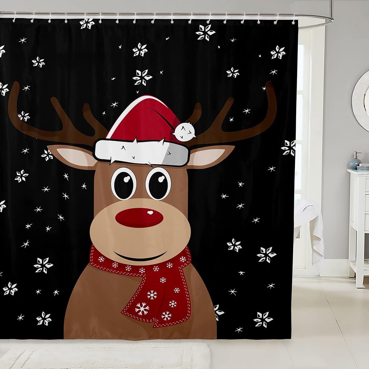Merry Christmas Cartoon Cute Deer Elk Moose Shower Curtain With Snowflake Print