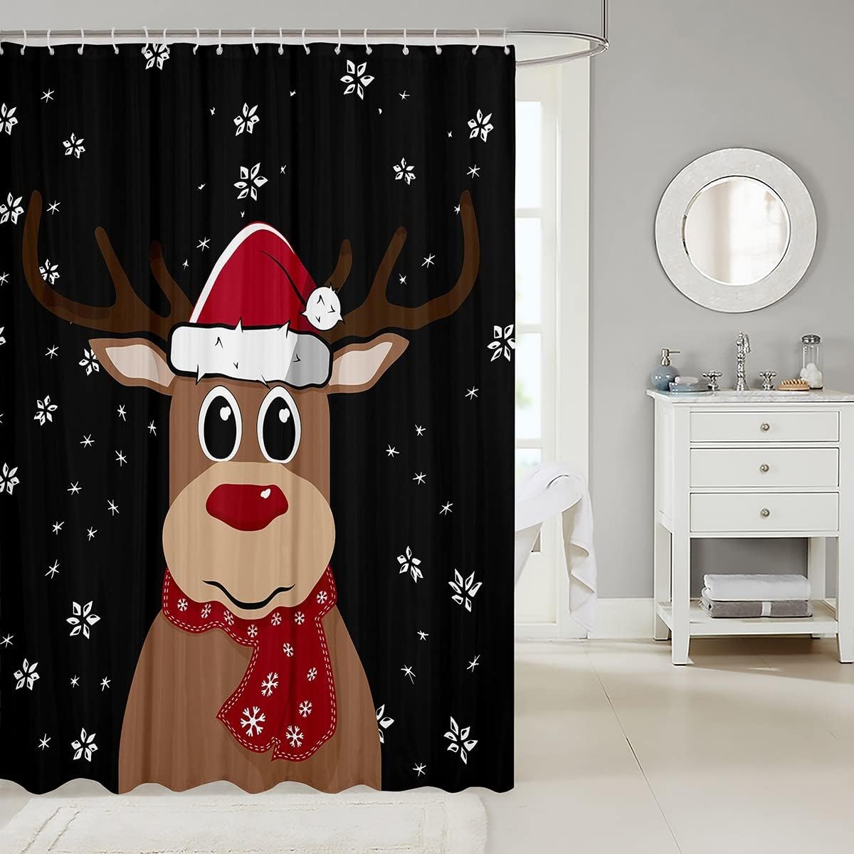Merry Christmas Cartoon Cute Deer Elk Moose Shower Curtain With Snowflake Print - Image 2