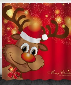 Merry Christmas Deer Red Elk Waterproof Fabric Shower Curtain