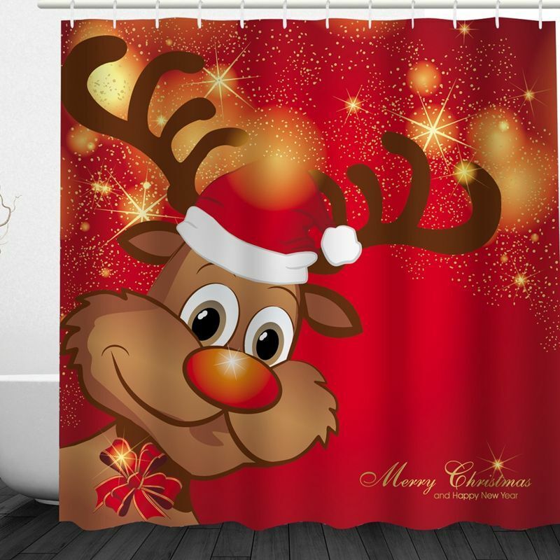 Merry Christmas Deer Red Elk Waterproof Fabric Shower Curtain