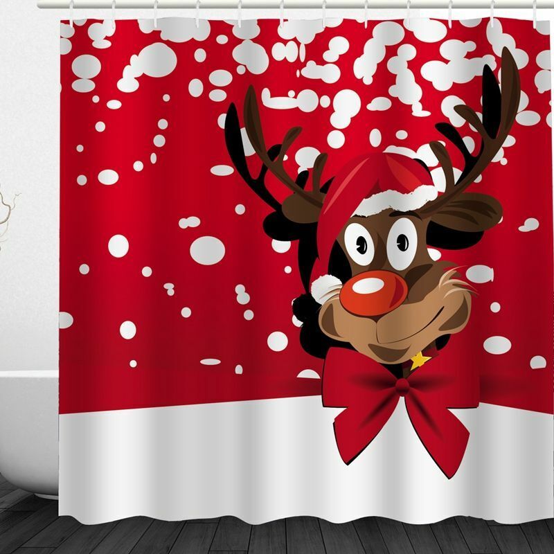 Merry Christmas Deer Red Elk Waterproof Fabric Shower Curtain
