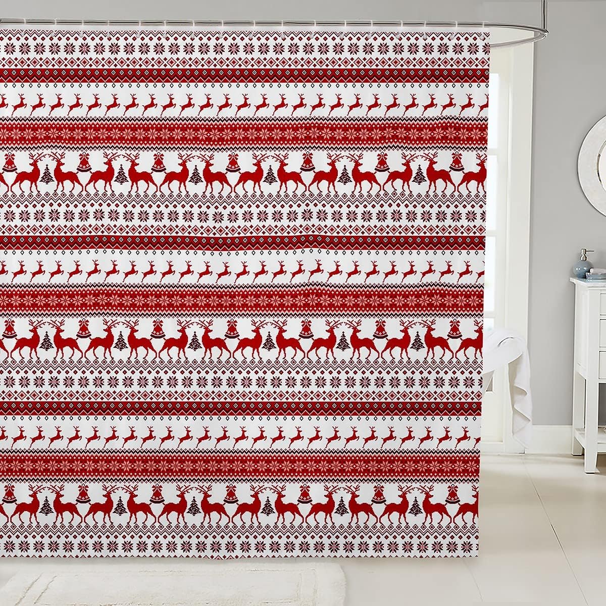 Merry Christmas Deer Shower Curtain Rustic Deer Moose Red Tree Snowflake Bathroom