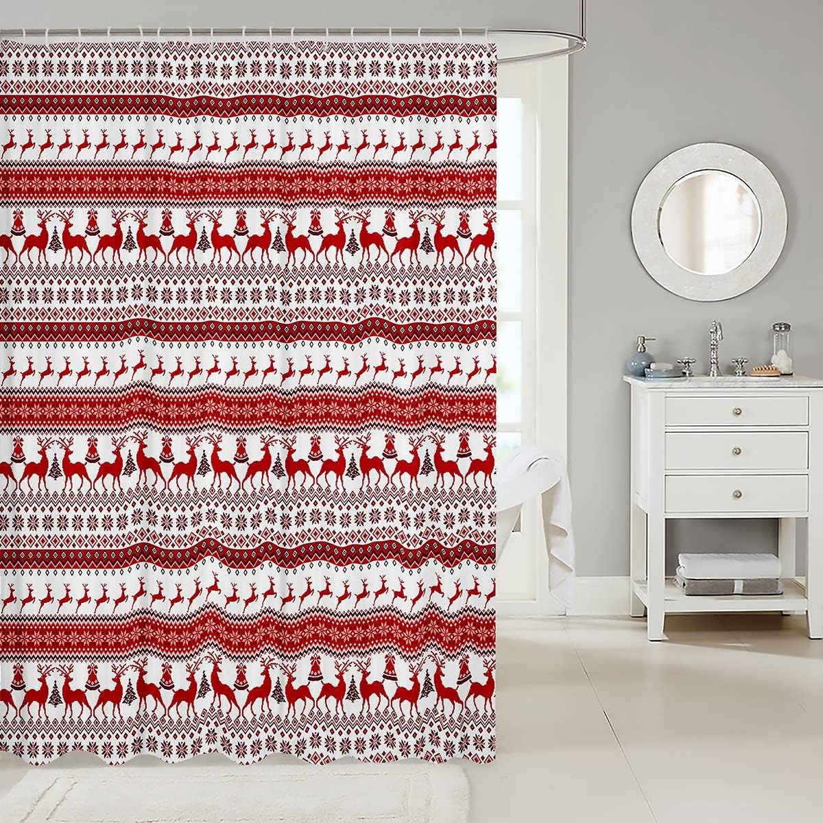 Merry Christmas Deer Shower Curtain Rustic Deer Moose Red Tree Snowflake Bathroom