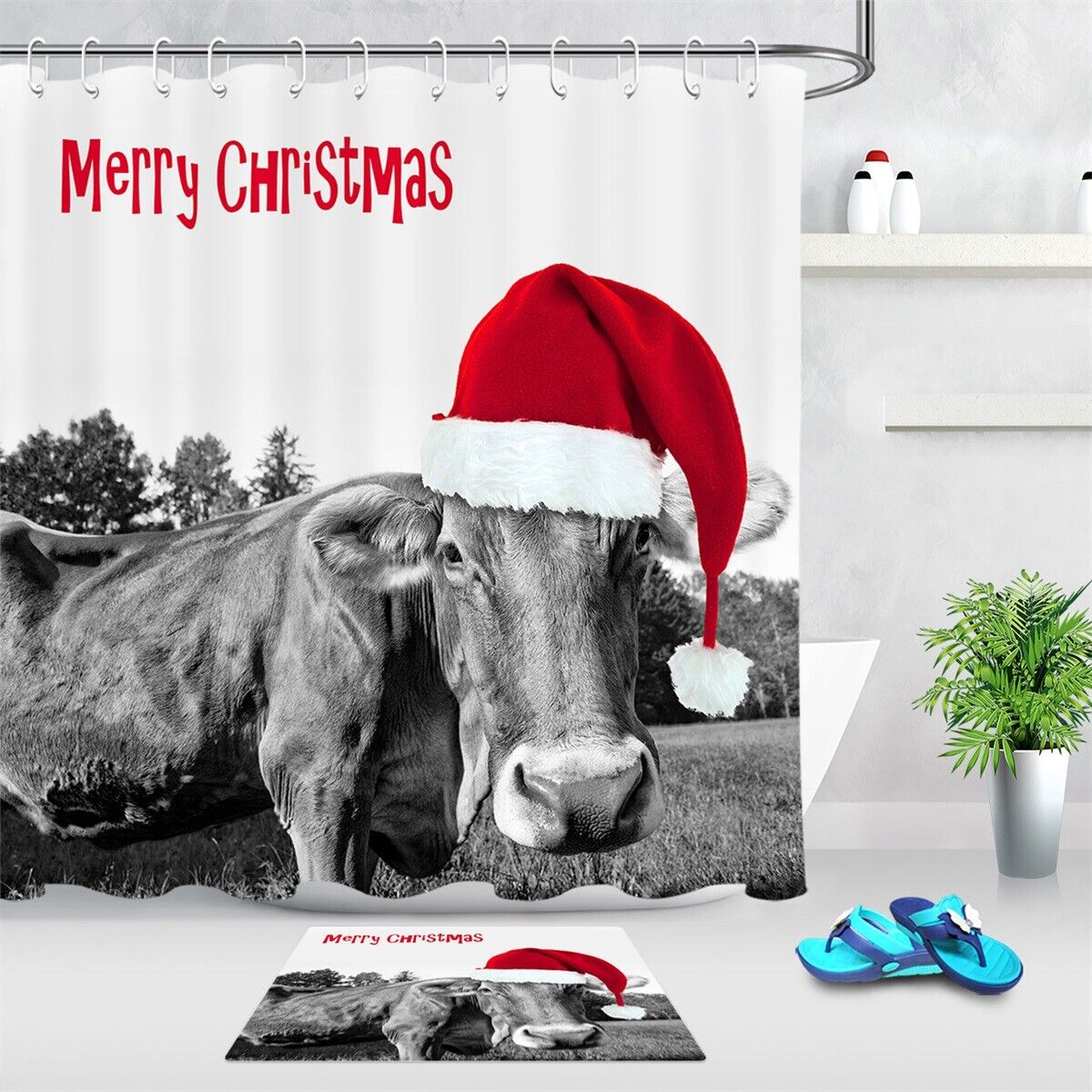 Merry Christmas Funny Ox Cow In Santa Hat Shower Curtain With Cute Holiday Print