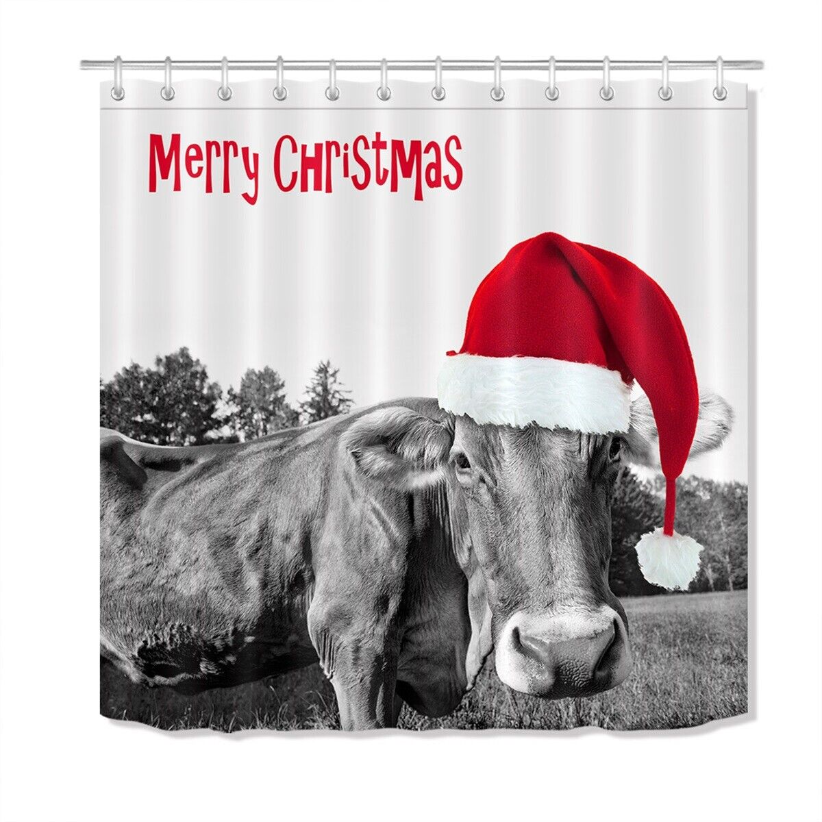 Merry Christmas Funny Ox Cow In Santa Hat Shower Curtain With Cute Holiday Print - Image 2