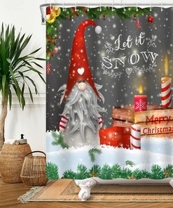 Merry Christmas Holiday Shower Curtain With Red Gnome Snowflake Print