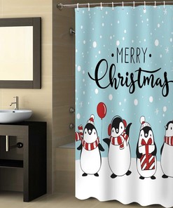 Merry Christmas Penguin Family Shower Curtain for Bathroom Decor