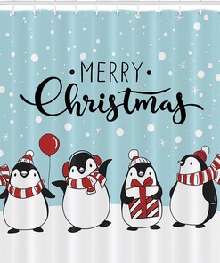 Merry Christmas Penguin Family Shower Curtain for Bathroom Decor