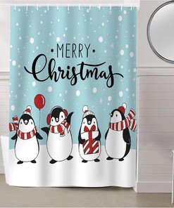 Merry Christmas Penguin Family Shower Curtain for Bathroom Decor