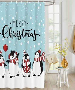 Merry Christmas Penguin Family Shower Curtain for Bathroom Decor
