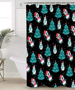 Merry Christmas Penguin and Xmas Tree Print Shower Curtain for Bathroom