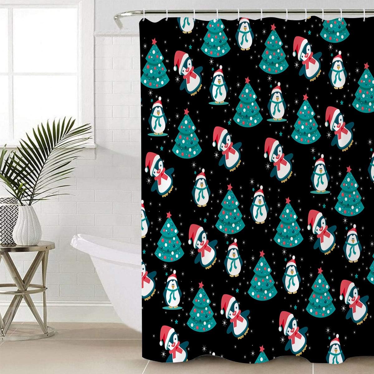 Merry Christmas Penguin and Xmas Tree Print Shower Curtain for Bathroom