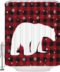 Merry Christmas Red Black Check Buffalo Bear Snowflake Shower Curtain - Lightweight Machine Washable Bathroom Accessory