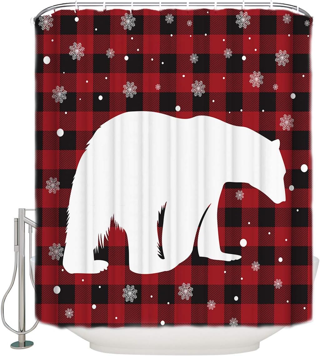 Merry Christmas Red Black Check Buffalo Bear Snowflake Shower Curtain - Lightweight Machine Washable Bathroom Accessory