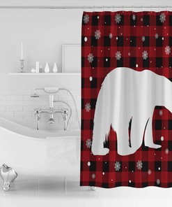 Merry Christmas Red Black Check Buffalo Bear Snowflake Shower Curtain - Lightweight Machine Washable Bathroom Accessory