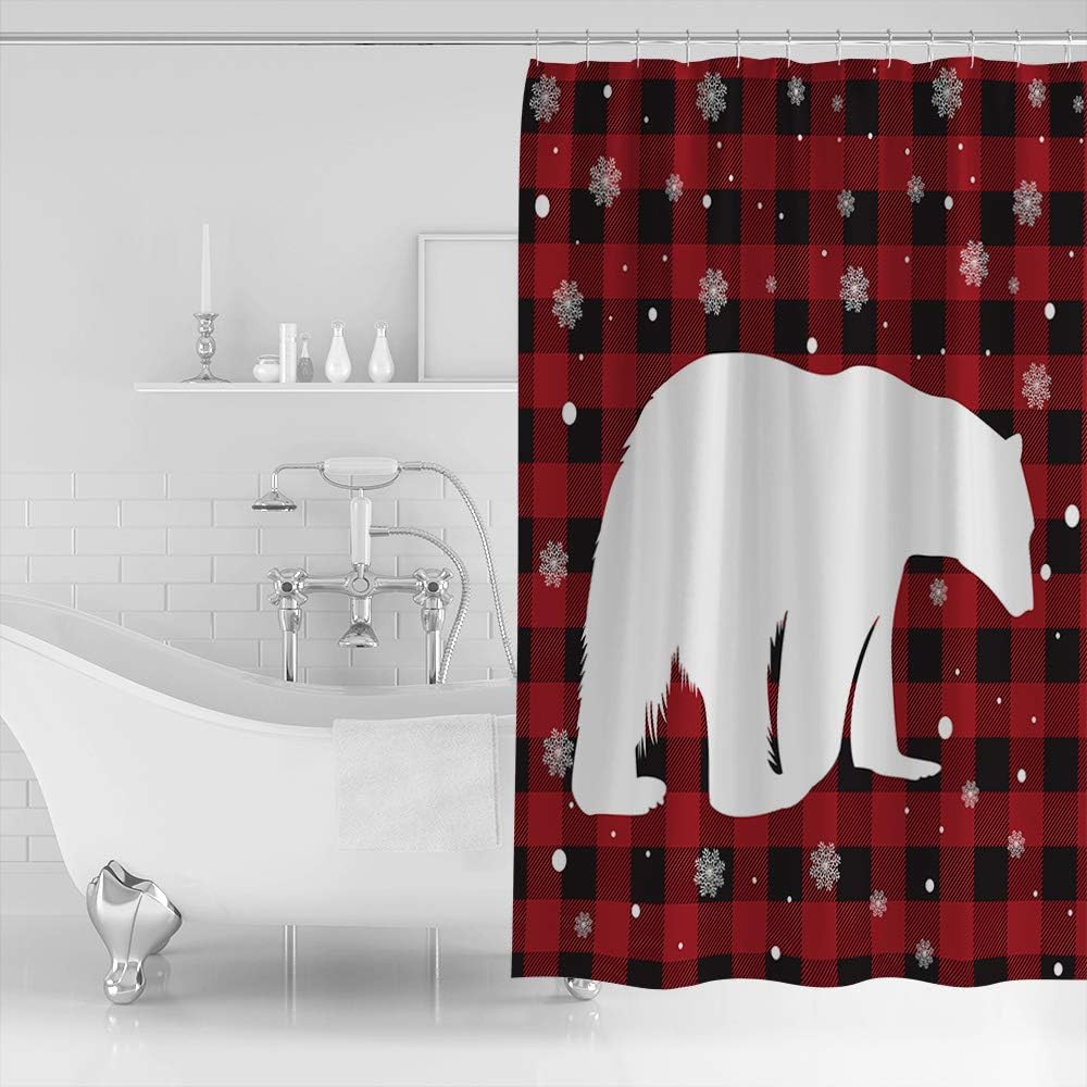 Merry Christmas Red Black Check Buffalo Bear Snowflake Shower Curtain - Lightweight Machine Washable Bathroom Accessory