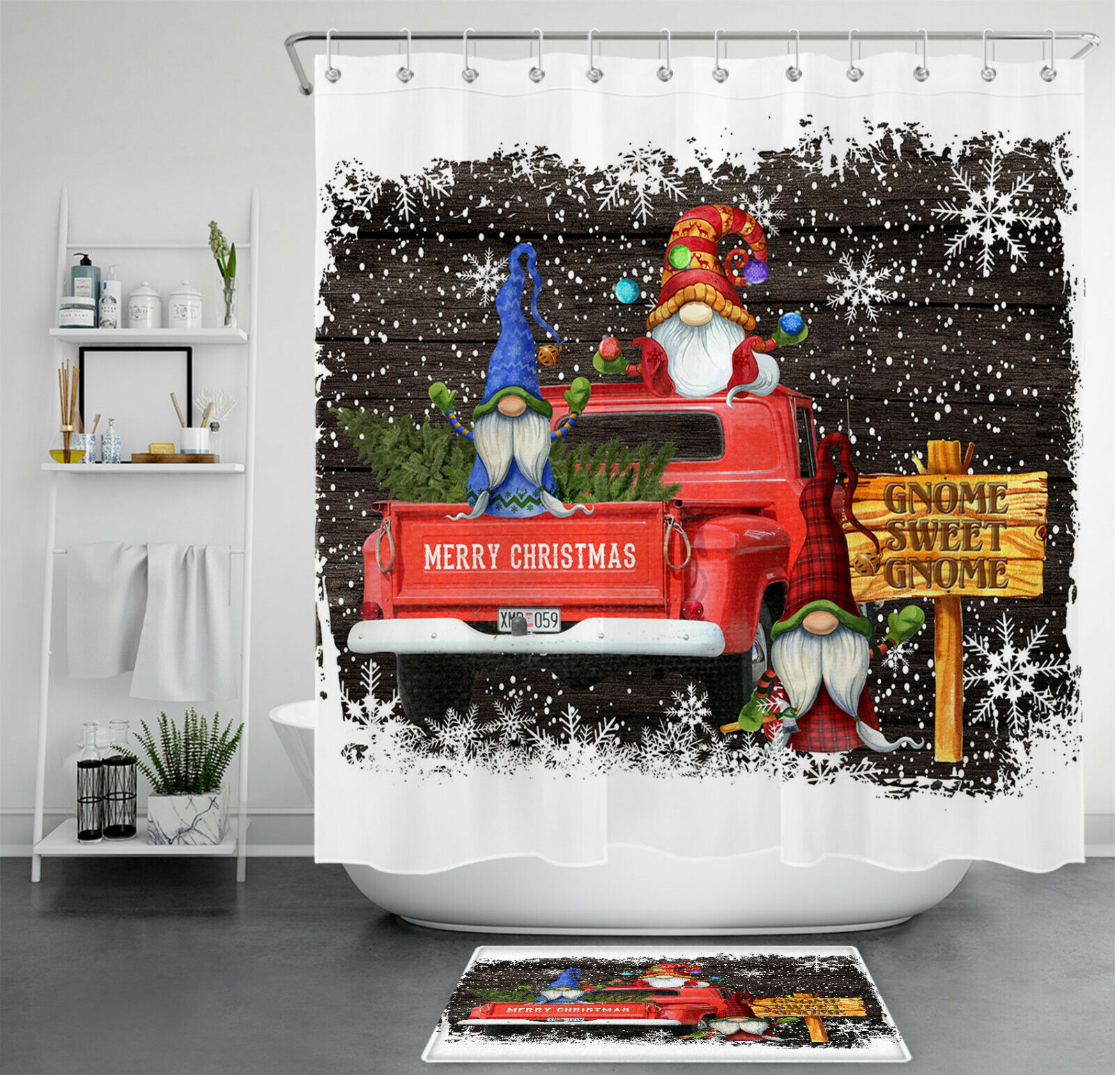 Merry Christmas Red Truck Snowflake Shower Curtain for a Classic Holiday Feeling