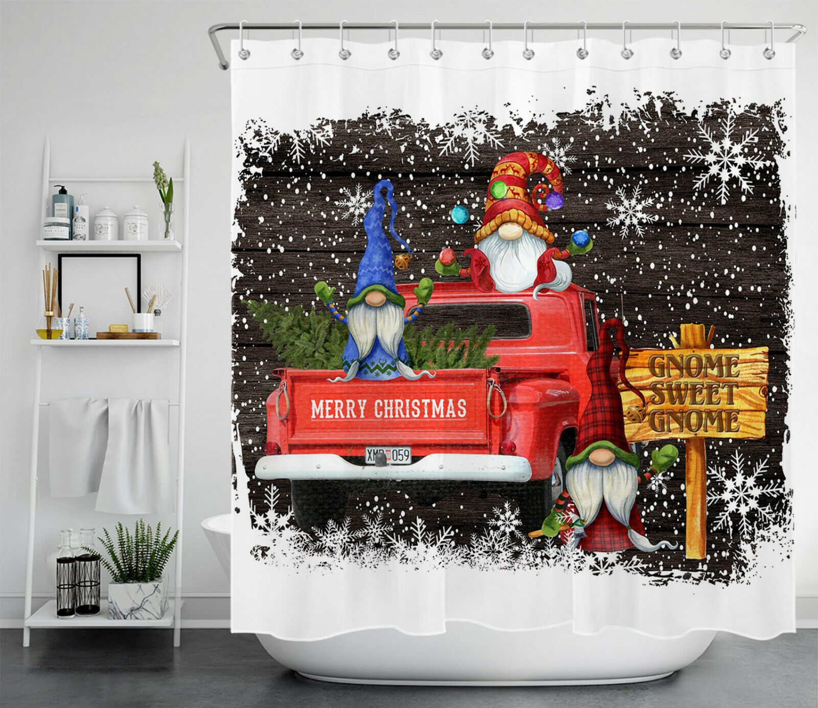 Merry Christmas Red Truck Snowflake Shower Curtain for a Classic Holiday Feeling