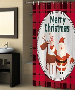 Merry Christmas Santa Moose Red Plaid Shower Curtain for Bathroom
