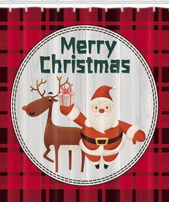 Merry Christmas Santa Moose Red Plaid Shower Curtain for Bathroom