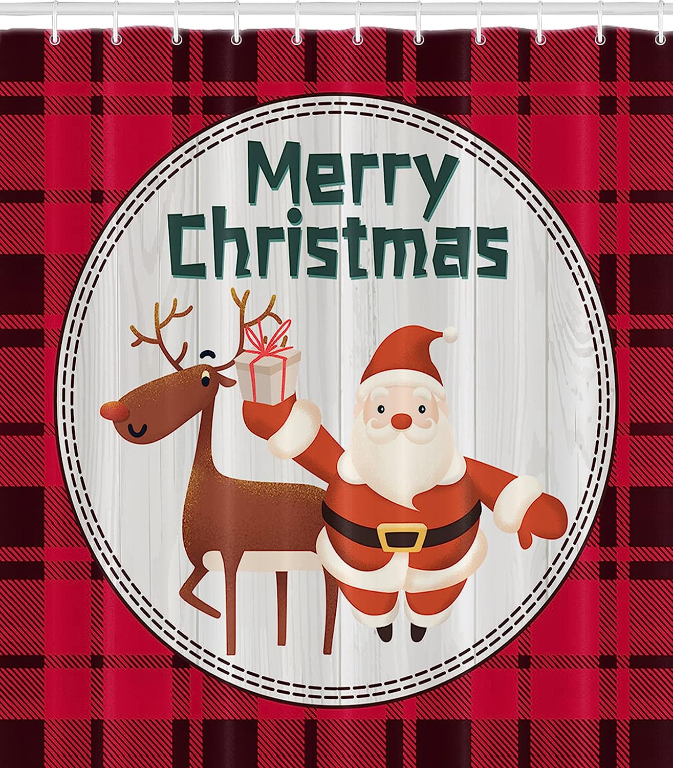 Merry Christmas Santa Moose Red Plaid Shower Curtain for Bathroom