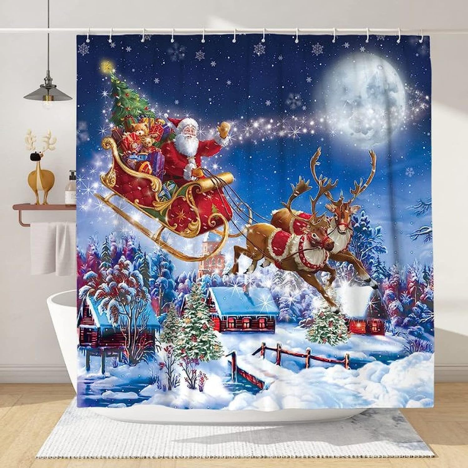 Merry Christmas Santa Shower Curtain - Waterproof Fabric Bathroom Decor