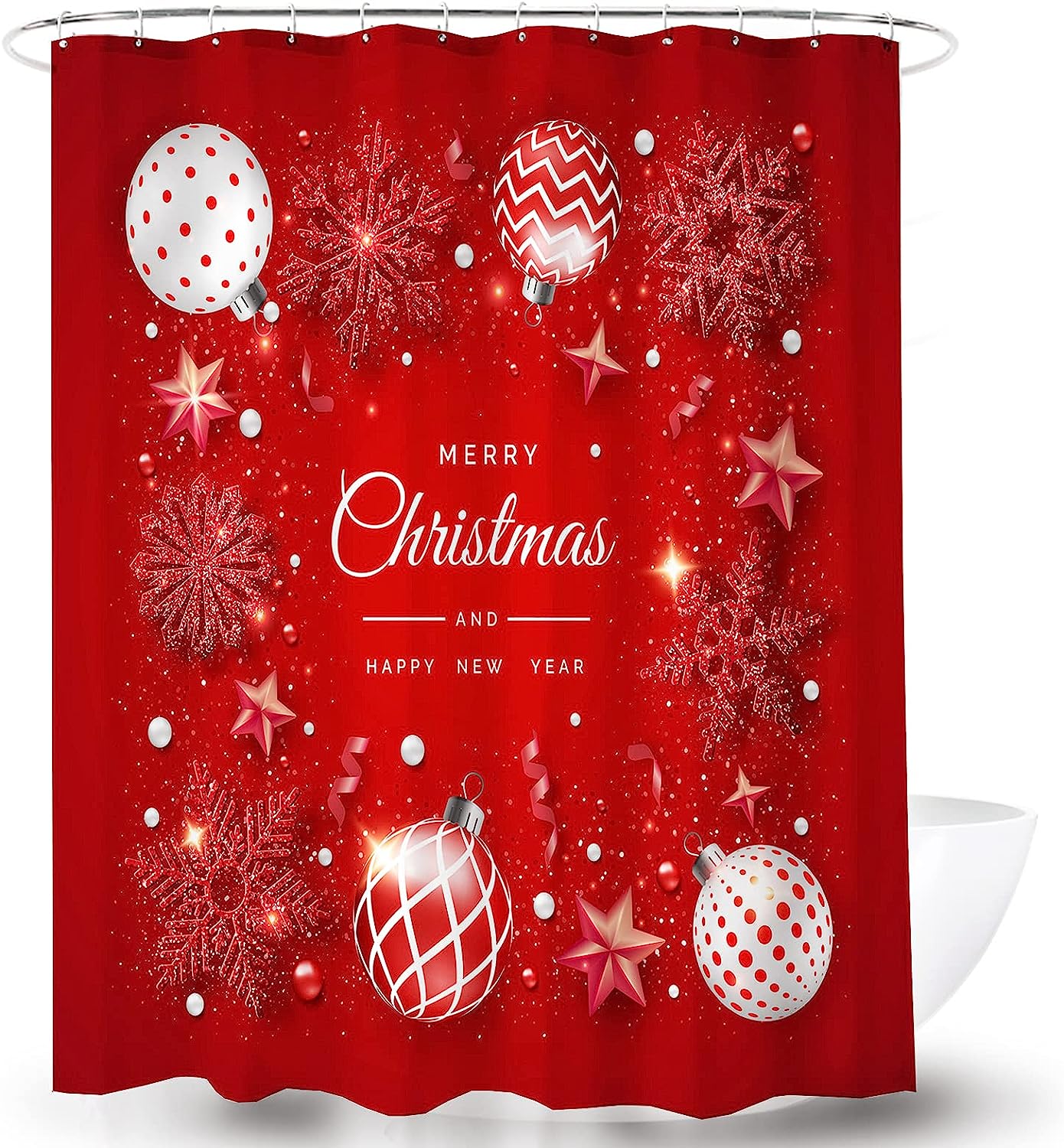 Merry Christmas Shower Curtain With Red Background And Snowflake Design