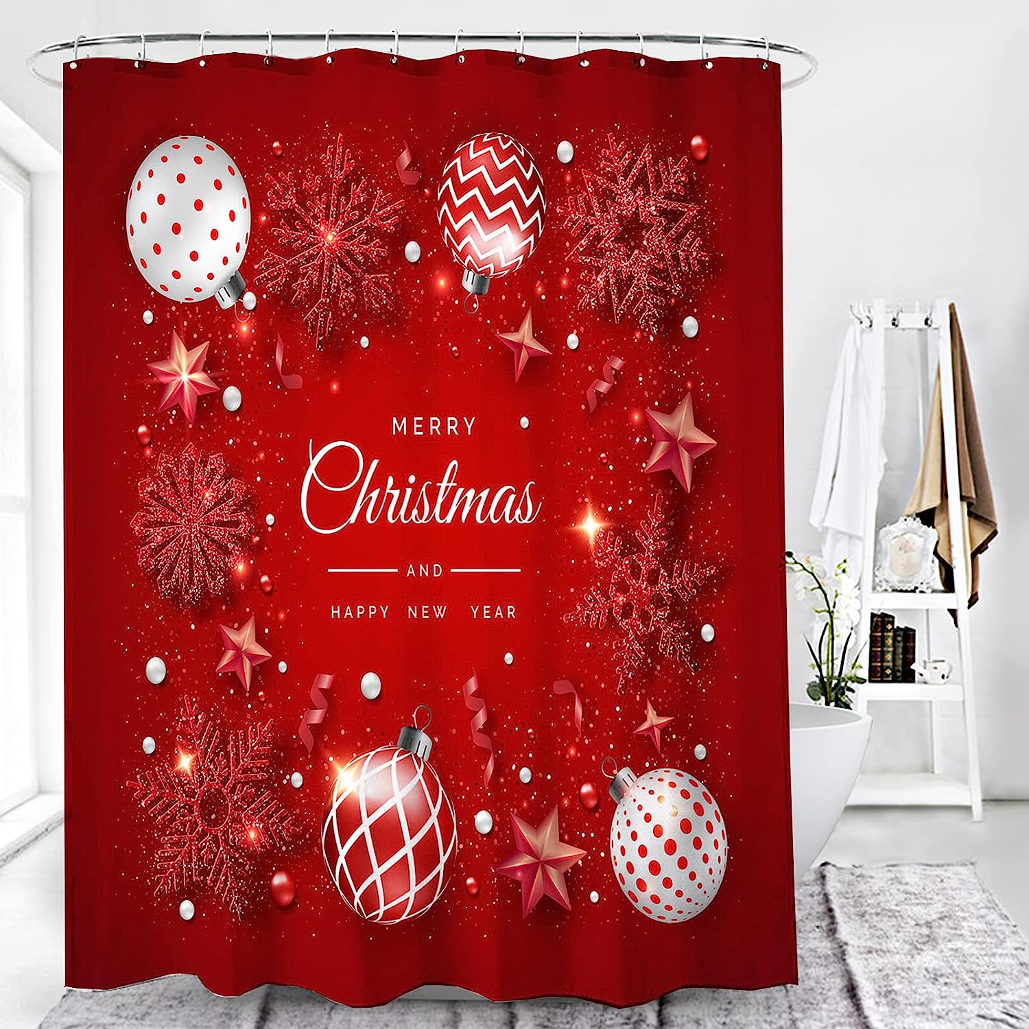 Merry Christmas Shower Curtain With Red Background And Snowflake Design