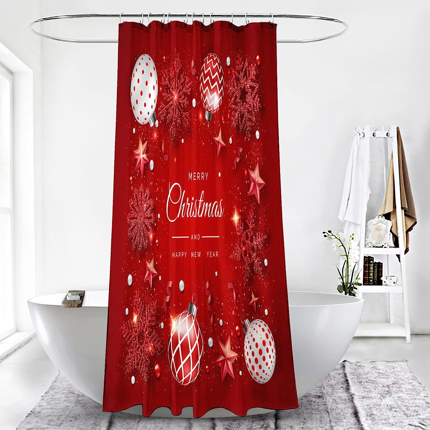 Merry Christmas Shower Curtain With Red Background And Snowflake Design