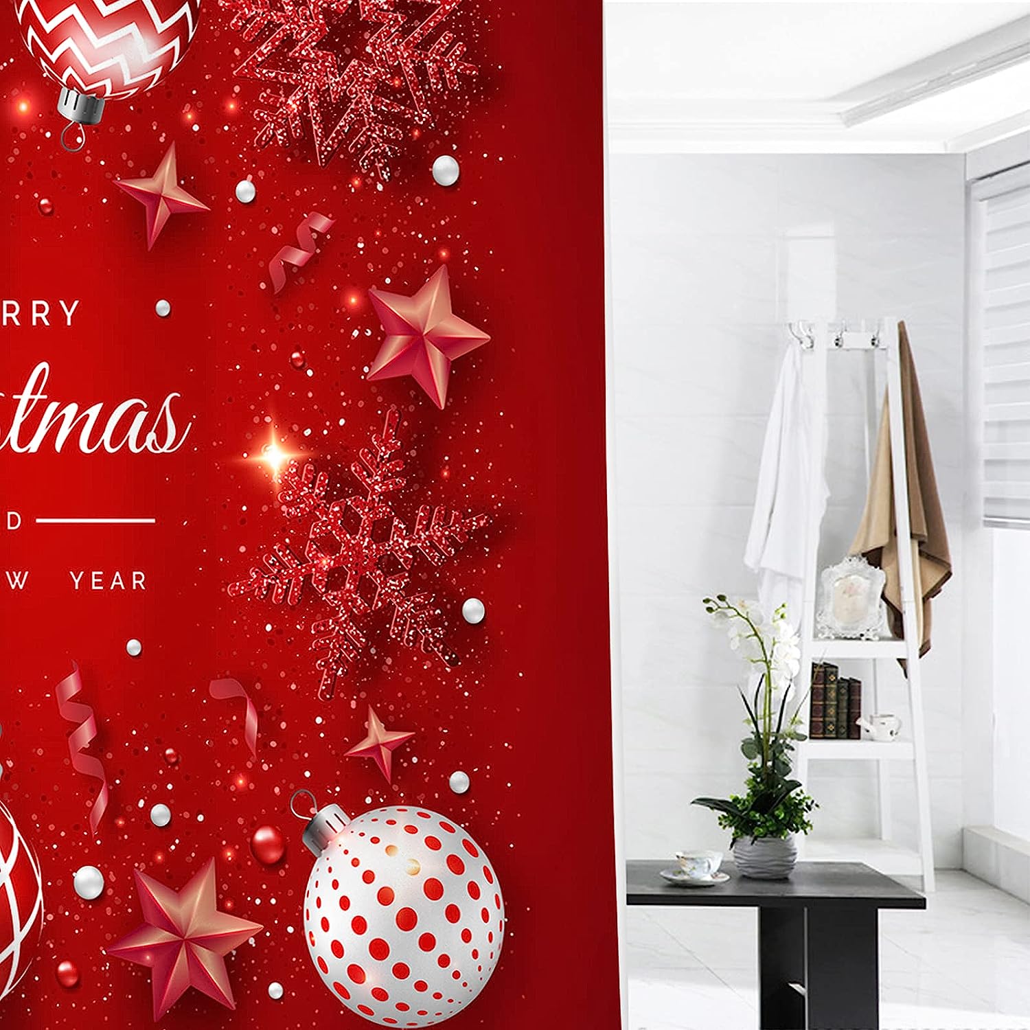 Merry Christmas Shower Curtain With Red Background And Snowflake Design