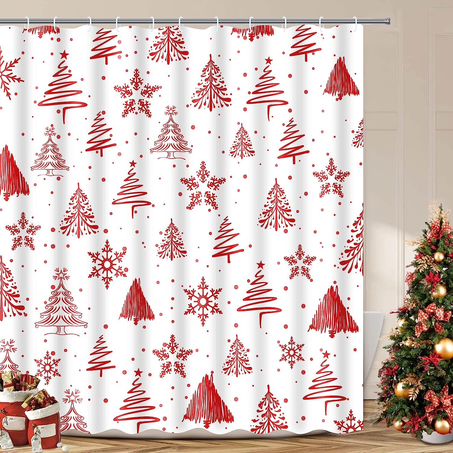 Merry Christmas Snowflake Shower Curtain With Red And White Winter Theme For Festive Bathroom Decor