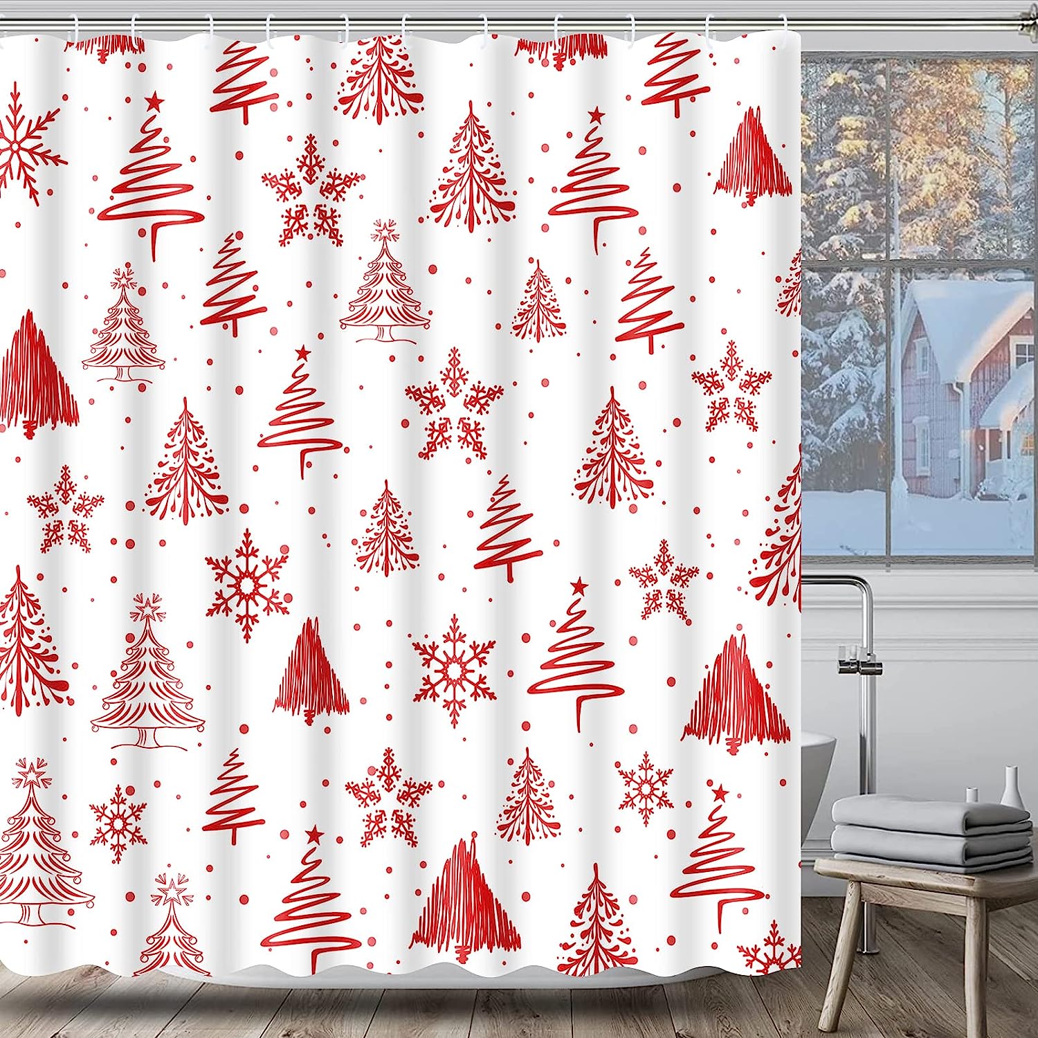 Merry Christmas Snowflake Shower Curtain With Red And White Winter Theme For Festive Bathroom Decor - Image 2