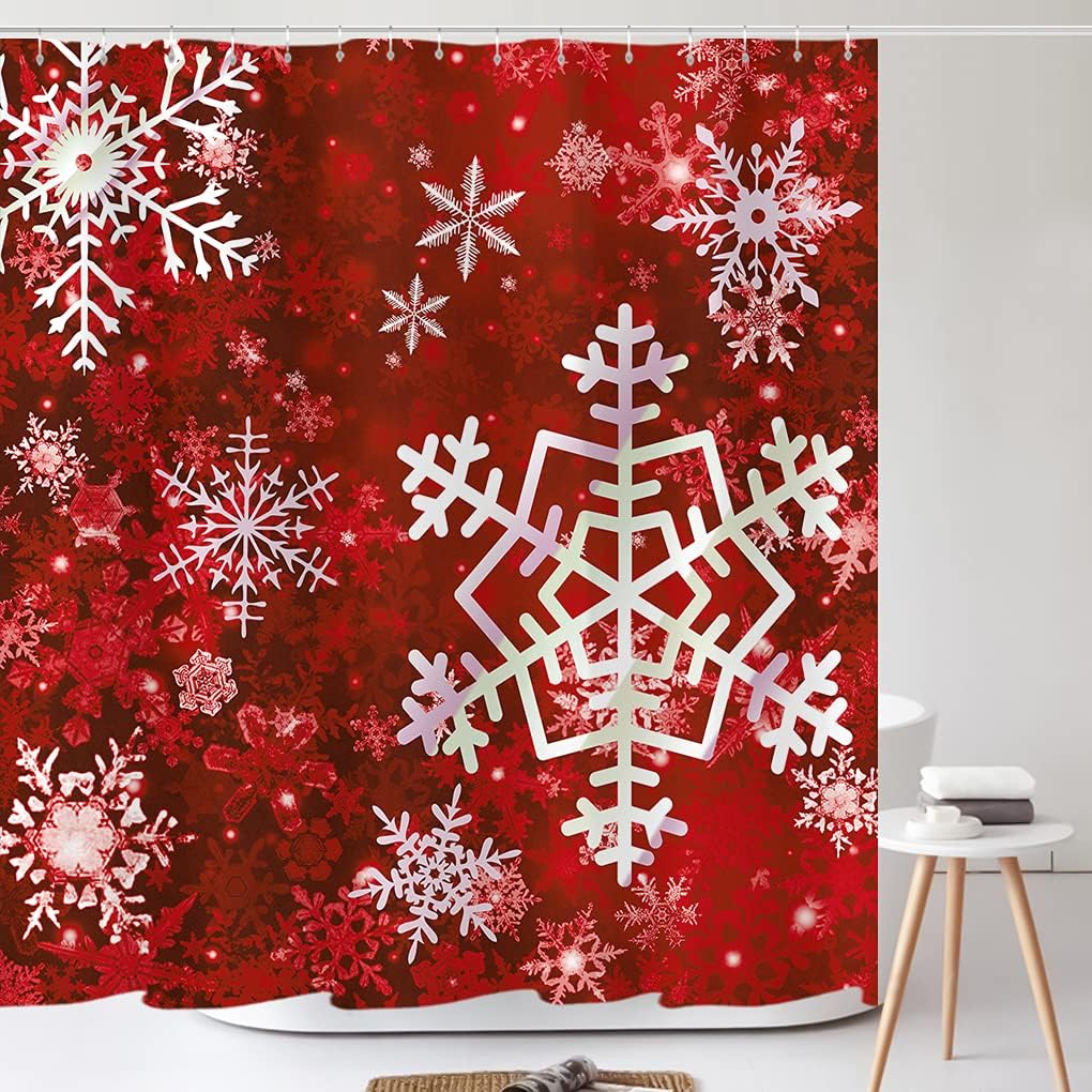 Merry Christmas Snowflake Shower Curtain in Red for Festive Bathroom Decor