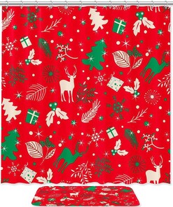 Merry Christmas Tree Leaves and Deer Shower Curtain - Rustic Bathroom Decor