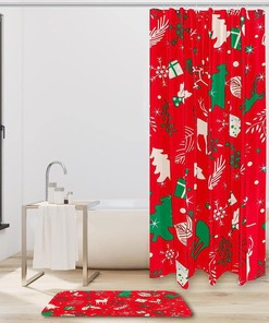 Merry Christmas Tree Leaves and Deer Shower Curtain - Rustic Bathroom Decor