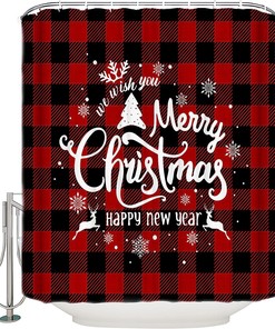 Merry Christmas Winter Snowflake Reindeer Xmas Tree Shower Curtain - Rustic Plaid Lightweight Machine Washable Bathroom