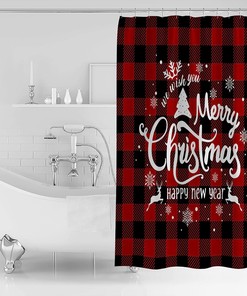 Merry Christmas Winter Snowflake Reindeer Xmas Tree Shower Curtain - Rustic Plaid Lightweight Machine Washable Bathroom