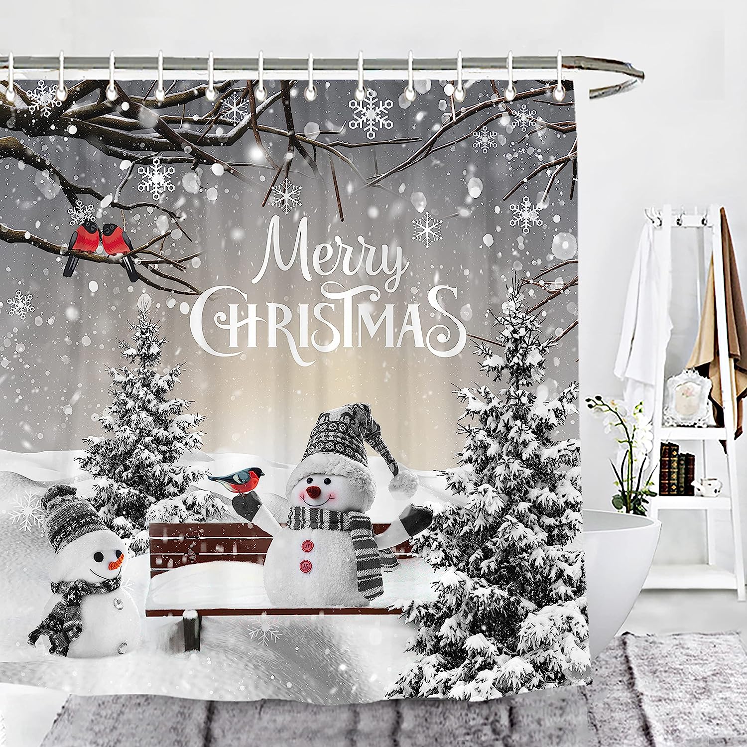 Merry Christmas Winter Snowman Shower Curtain - Elegant Holiday Bathroom Decor by Wencal