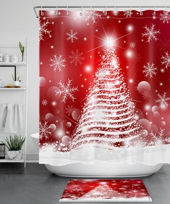Merry Christmas and Red Snowflake Christmas Tree Print Shower Curtain Bathroom Decor