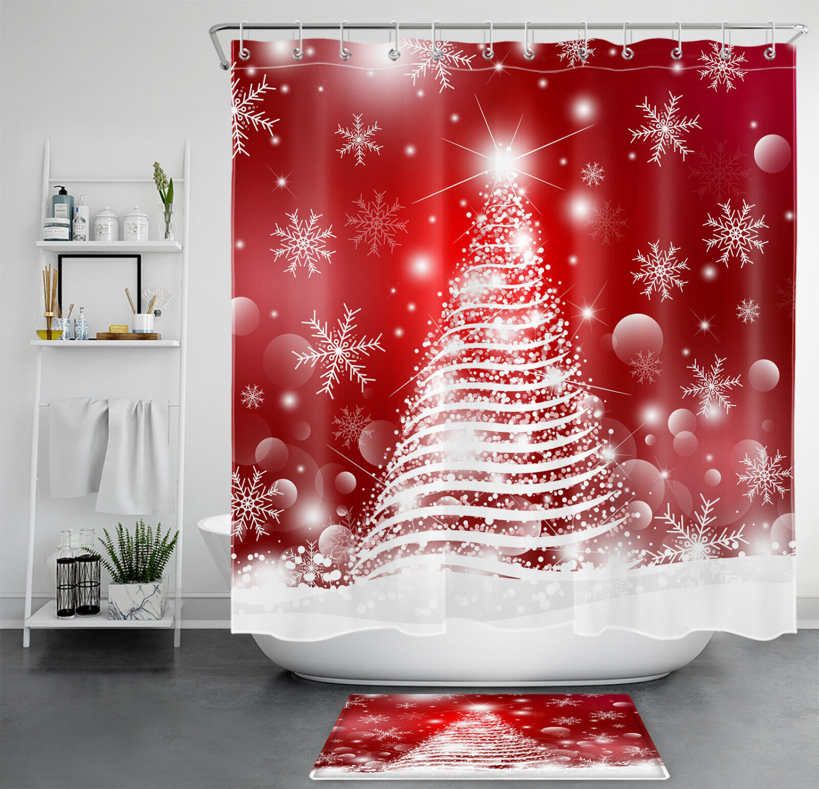 Merry Christmas and Red Snowflake Christmas Tree Print Shower Curtain Bathroom Decor