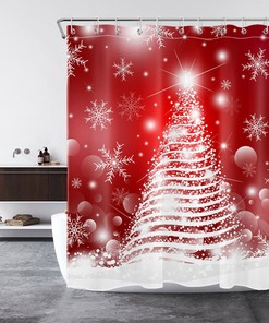 Merry Christmas and Red Snowflake Christmas Tree Print Shower Curtain Bathroom Decor