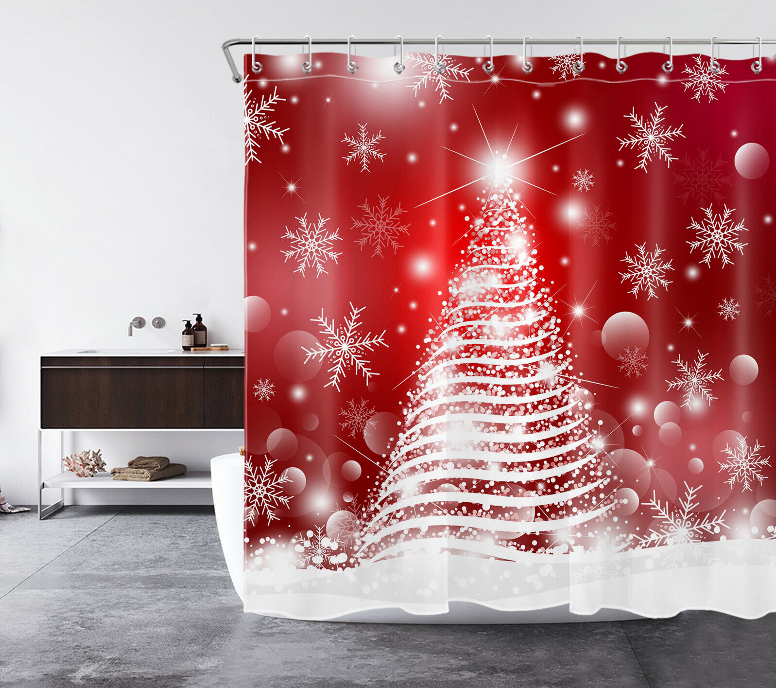 Merry Christmas and Red Snowflake Christmas Tree Print Shower Curtain Bathroom Decor