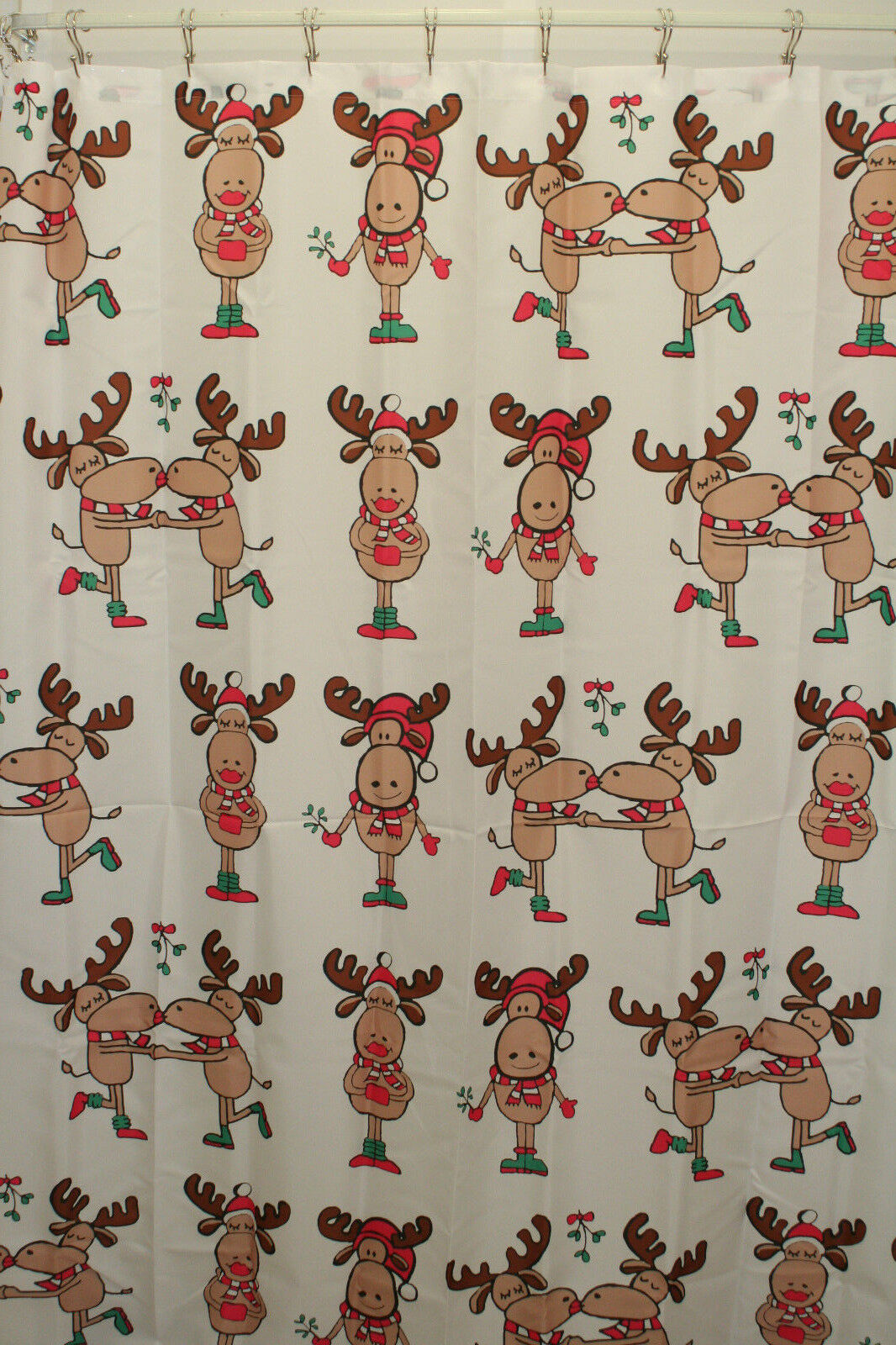 Merry Kiss Moose Fabric Christmas Shower Curtain - Unique Bathroom Decor