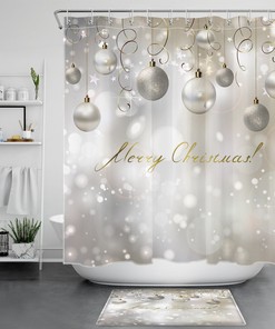 Merry Xmas Shower Curtain With Star Christmas Ball Print For Bathroom 
