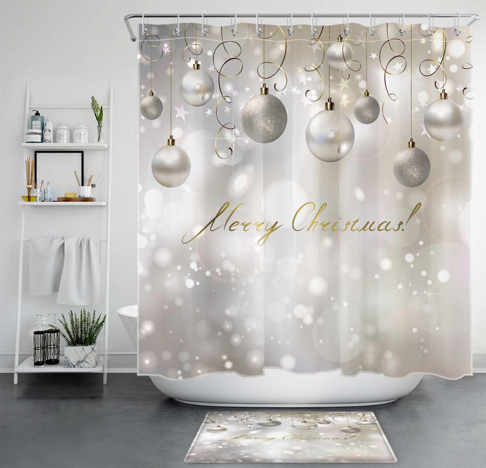 Merry Xmas Shower Curtain With Star Christmas Ball Print For Bathroom