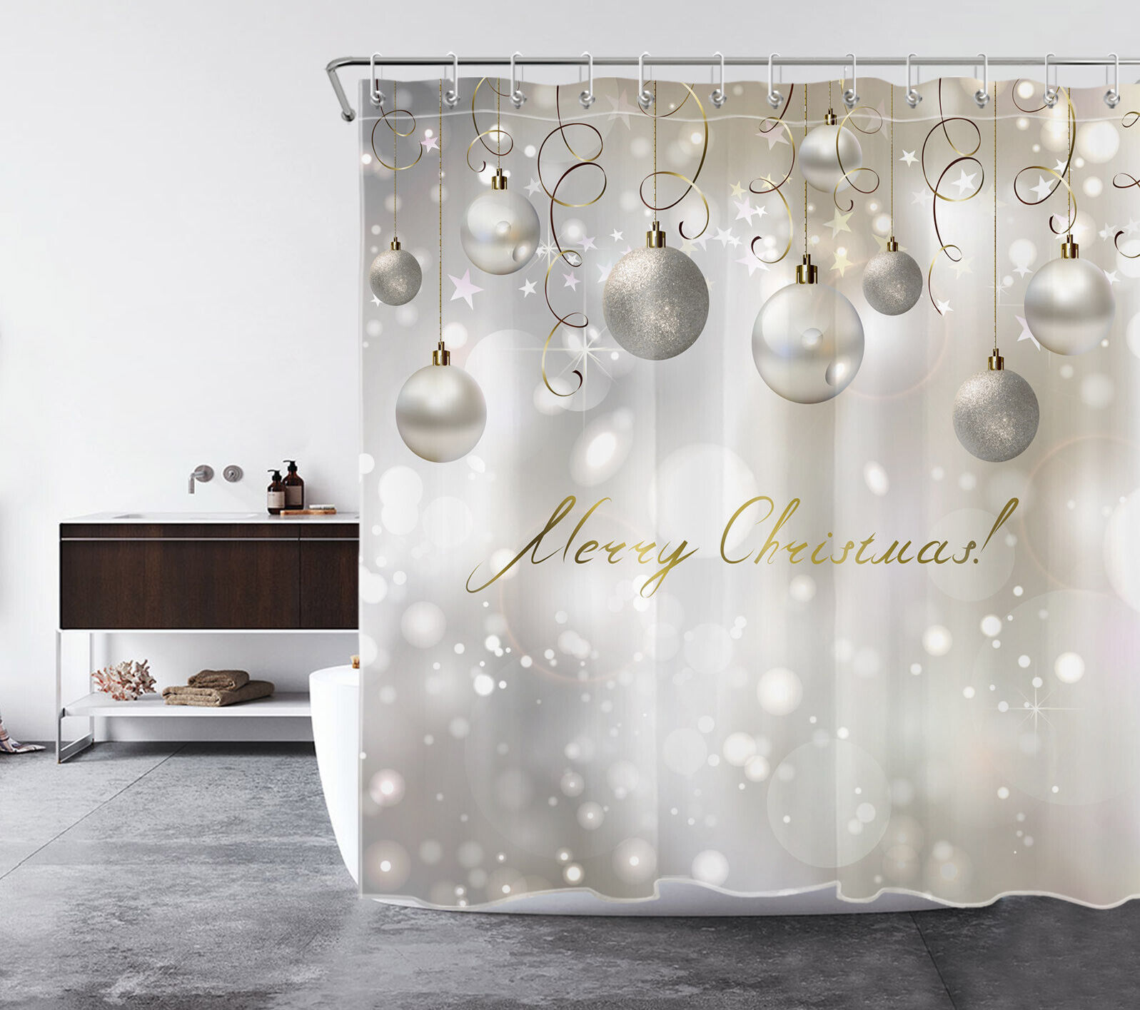 Merry Xmas Shower Curtain With Star Christmas Ball Print For Bathroom
